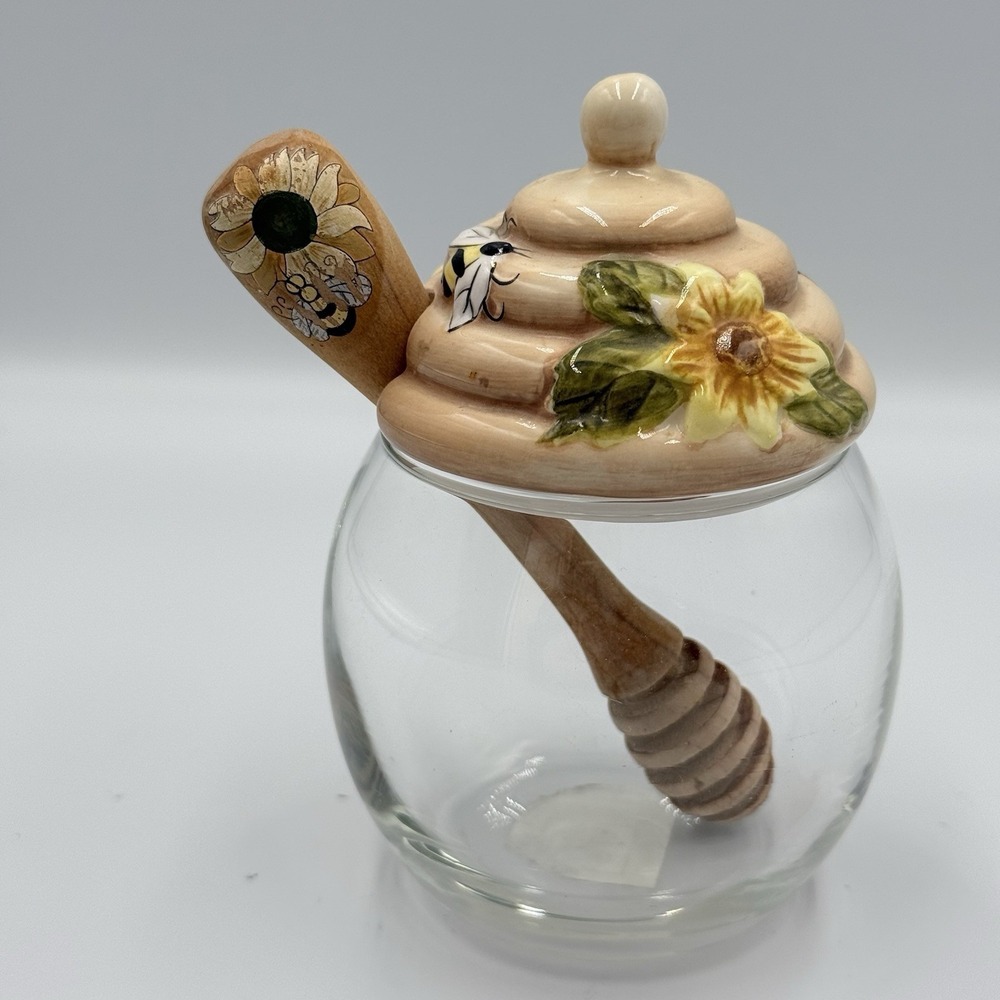 Vintage Honey Pot With Dipper Bee Sunflower Ceramic Lid Glass Jar